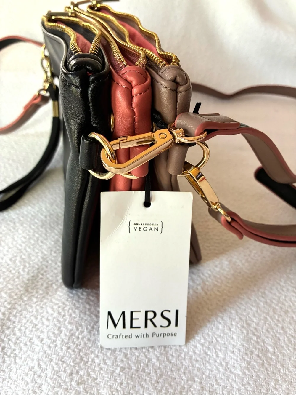 Three-Piece Vegan Leather Crossbody Set in Black, Coral & Taupe NWT